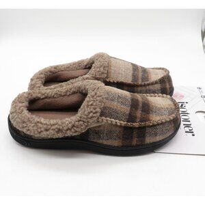 Isotoner Mens Plaid Memory Foam Slippers Indoor/Outdoor Sole M (8-9)  Brown NWT